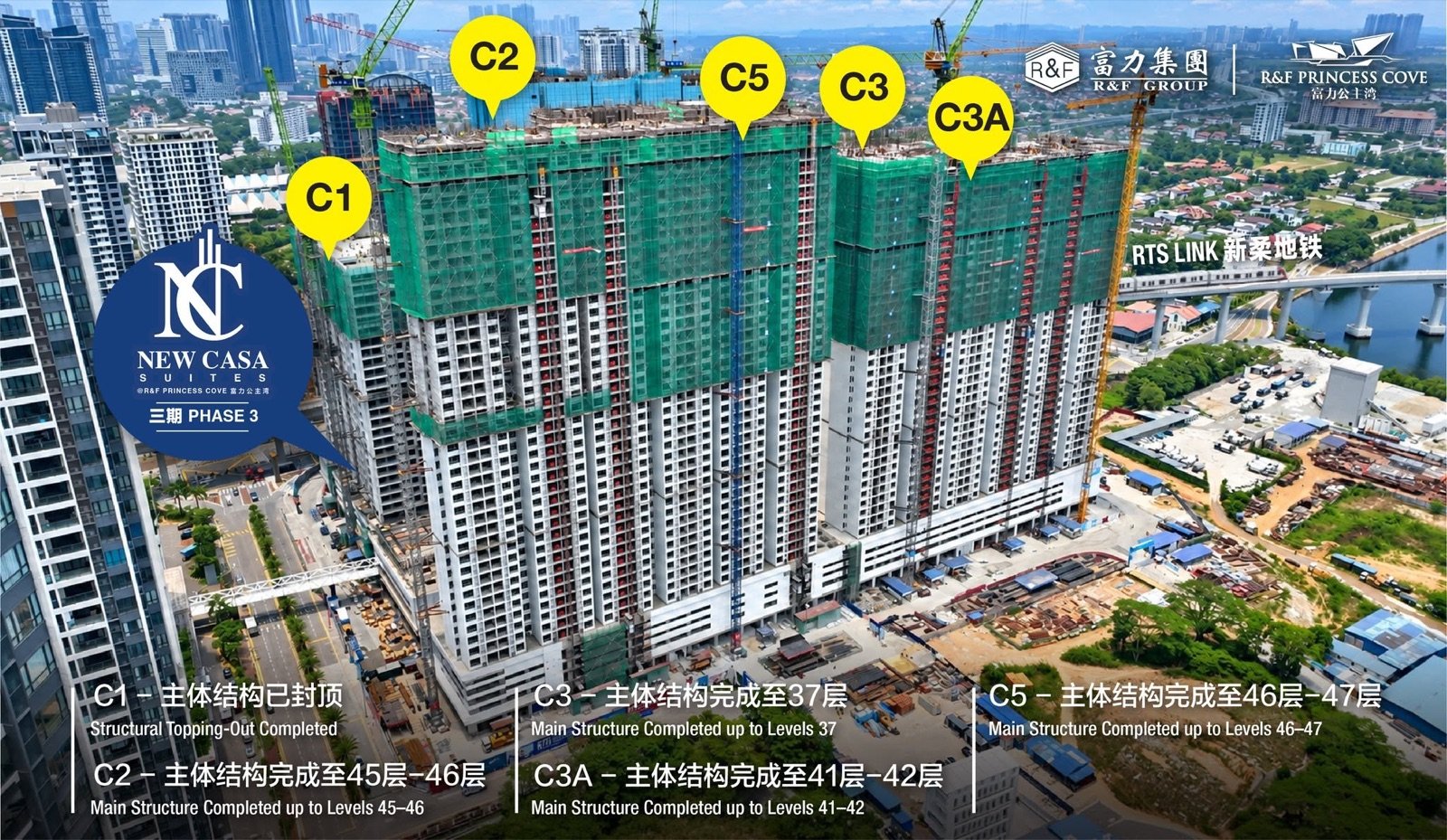 Phase 3 towers showing the construction status of blocks C1, C2, C3, C3A and C5